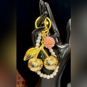 Gold Cherry bag charm w/ Pendant and Pearls